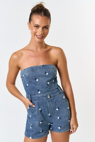Denim Flower Tube Romper