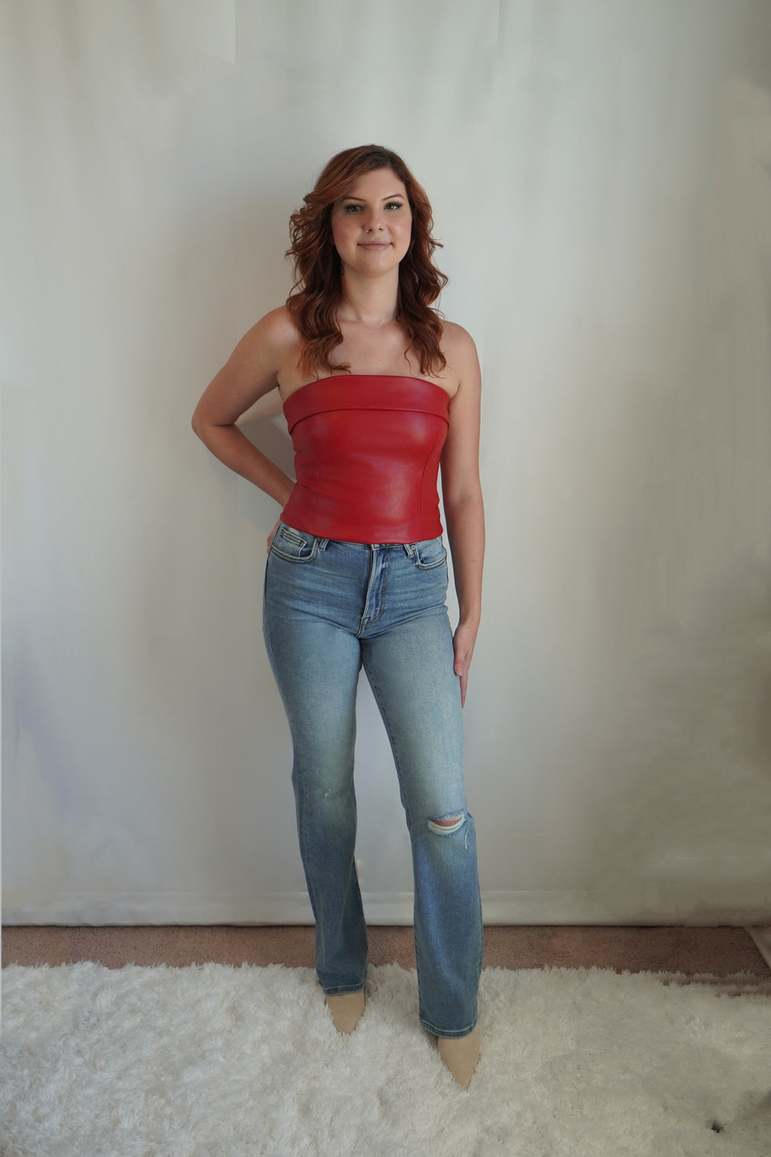 Red Strapless Faux Leather Crop Top image 0