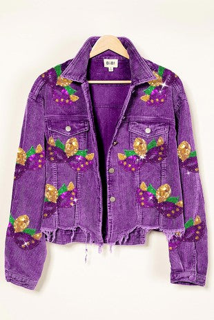 Women's purple corduroy jacket with green and gold Mardi Gras mask design