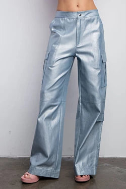 Silver Metallic Wide-Leg Cargo Pants image 0