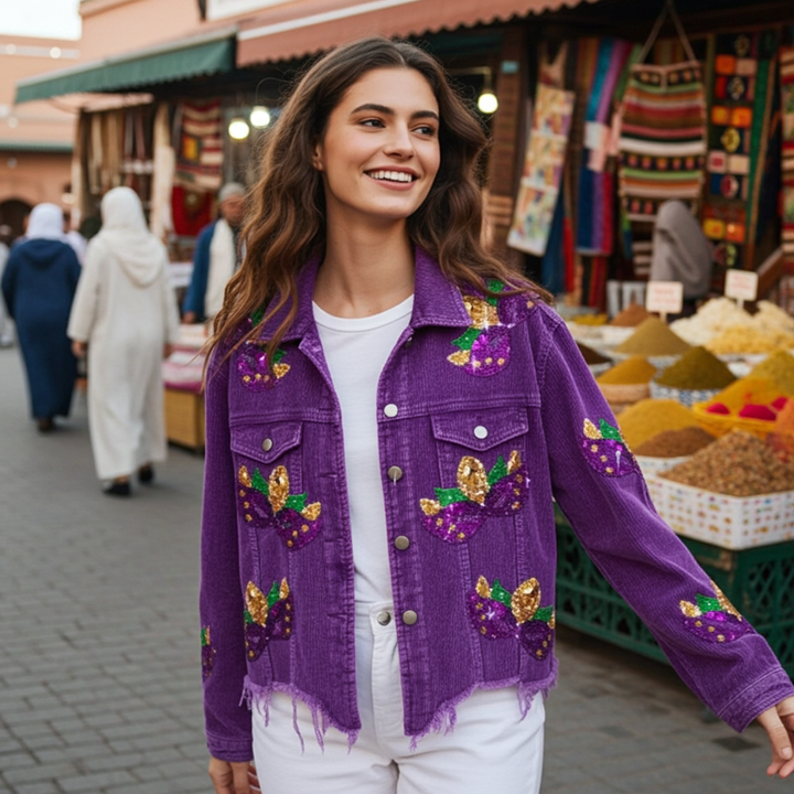 Women's purple corduroy jacket with green and gold Mardi Gras mask design