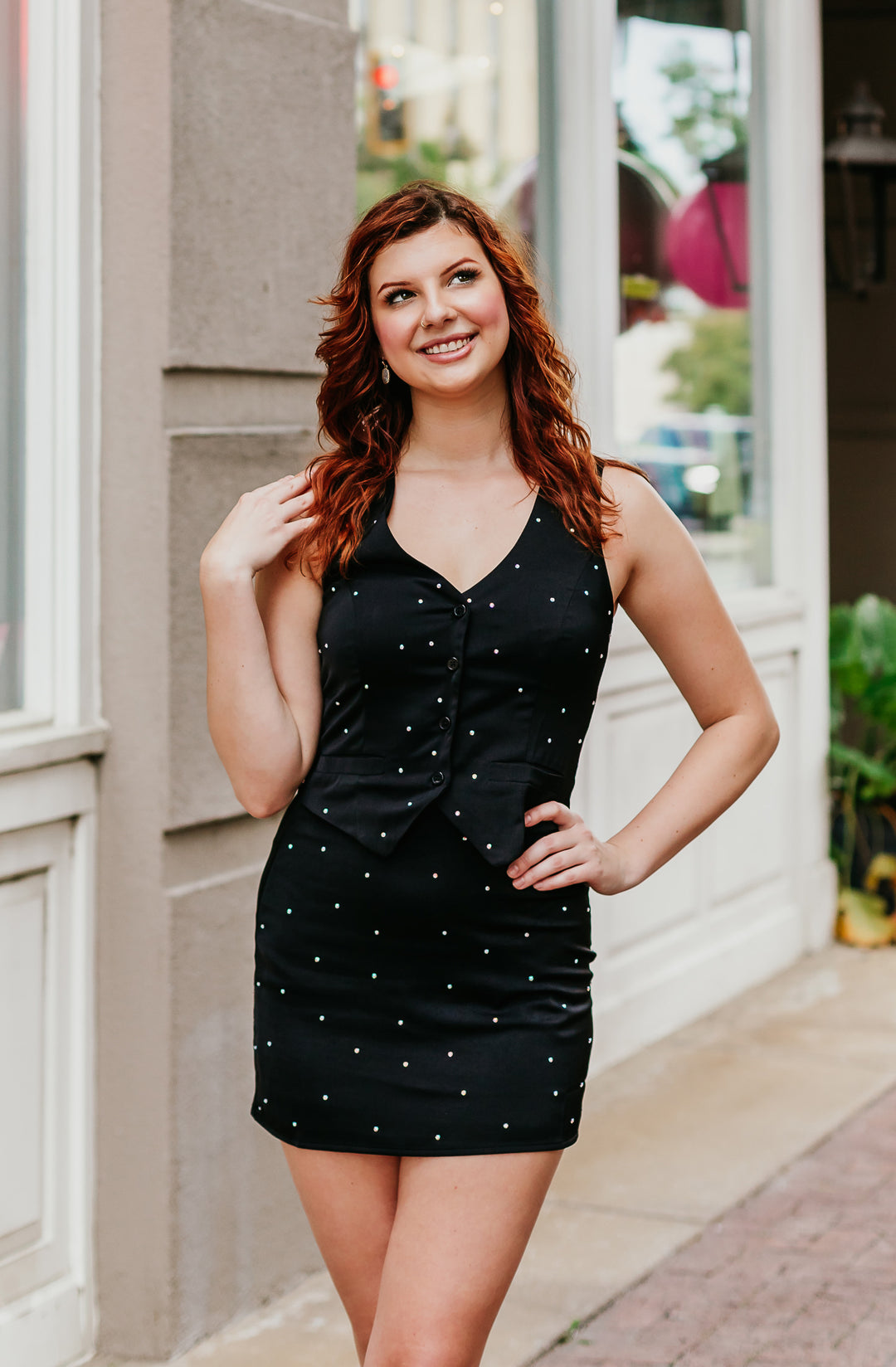 Black Vest and Skirt Set with Rhinestones