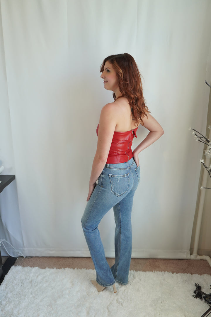 Red Strapless Faux Leather Crop Top image 1