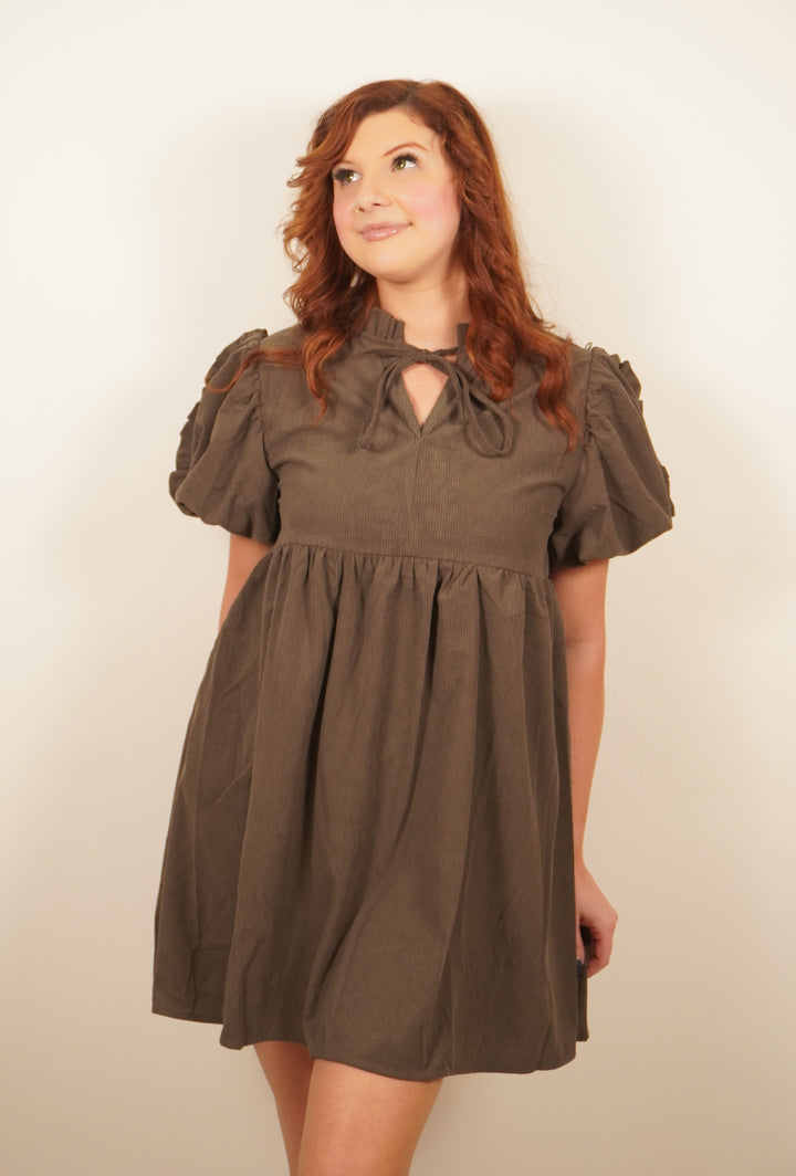 Corduroy Puff Sleeve Babydoll Dress image 0