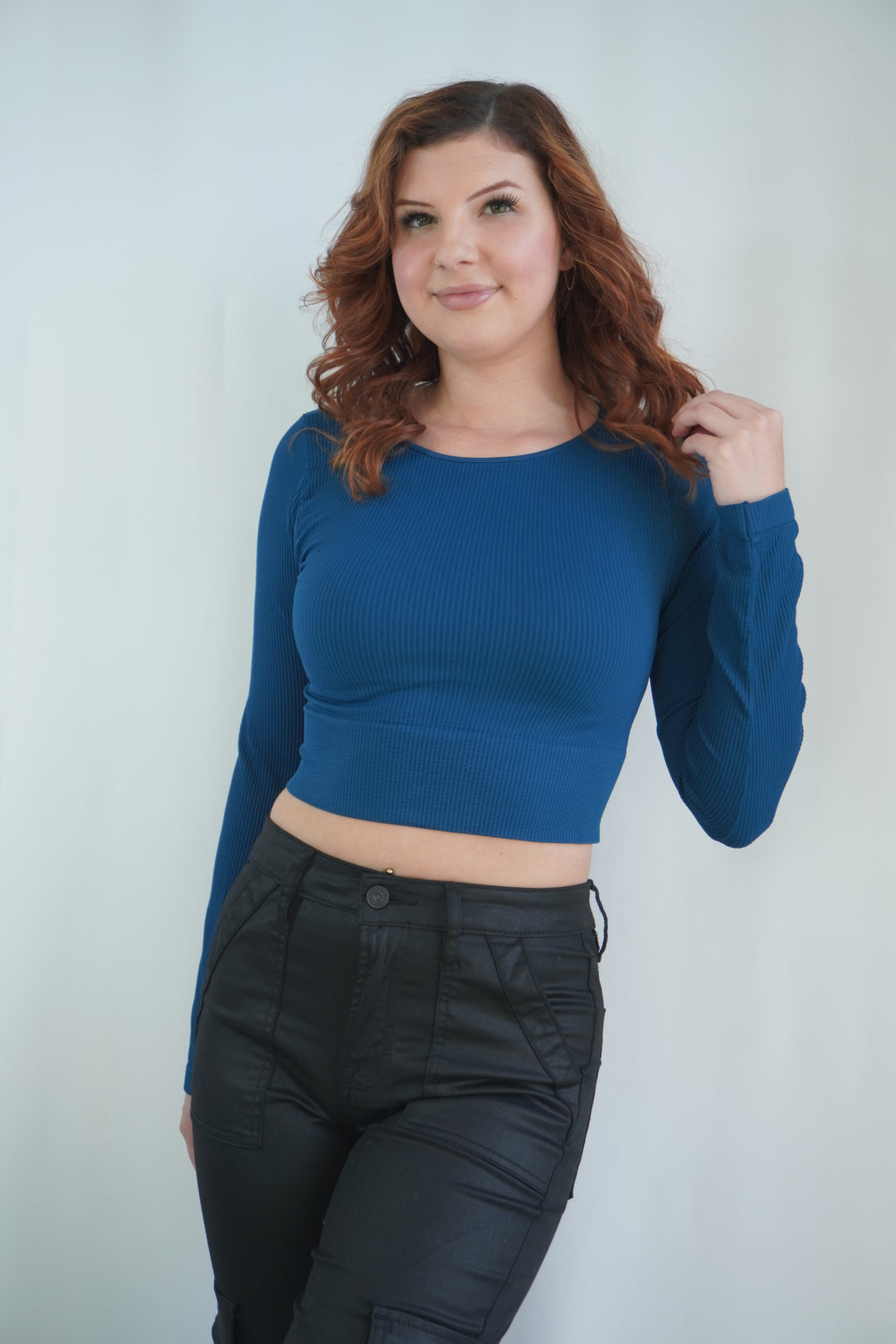 Long-sleeve basic crop top in deep teal color image 0