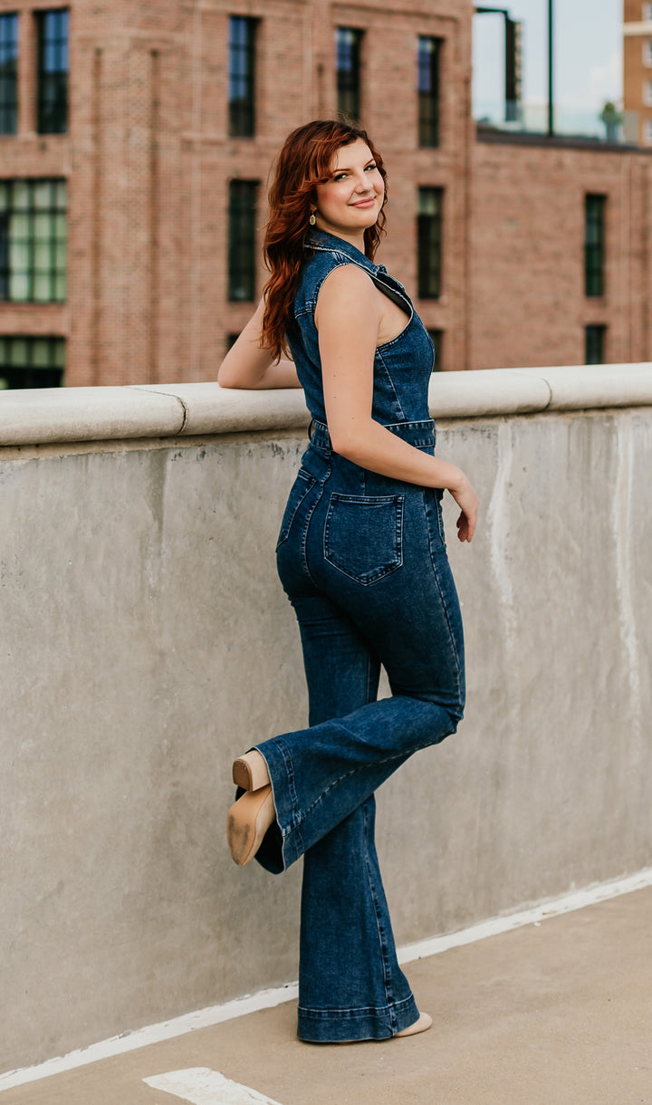 Flare Denim Zipper Jumpsuit image 1