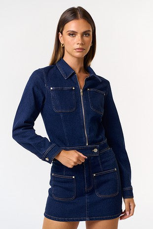 Stretch Denim Zip Up Crop Jacket (Jacket and Skirt Sold Separately) image 0